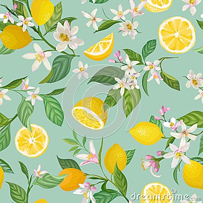 Seamless Lemon pattern with tropic fruits, leaves, flowers background. Hand drawn illustration in watercolor style for summer Vector Illustration