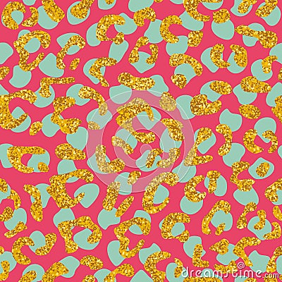 Seamless leopard pattern design, animal pink, mint green and golden tile print background vector illustration Vector Illustration