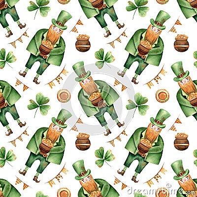 Seamless leprechaun, pot with gold, trefoil, clover, flags pattern. Watercolor festive background for Saint Patrick day wrapping Stock Photo