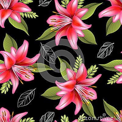 Seamless lily flower and leave pattern Stock Photo