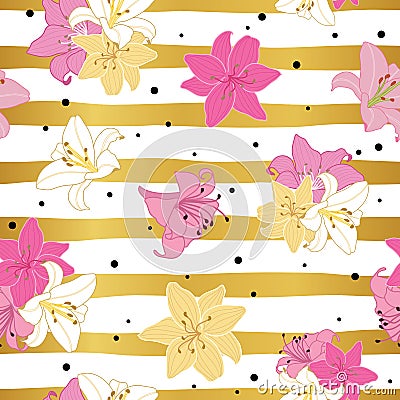Seamless lily flowers pattern on gold striped background Vector Illustration