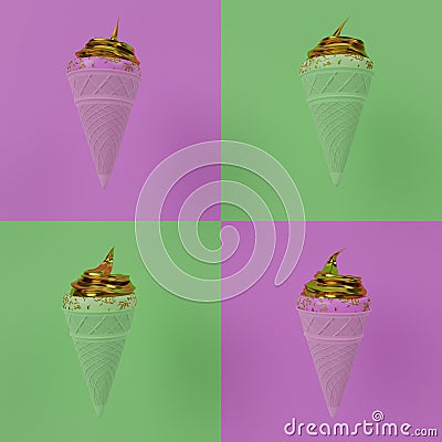 Seamless Lime Green and Pink ice cream cone. Crispy waffles and pink ice cream texture. Golden ice cream filling covered with Stock Photo