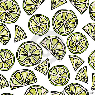 Seamless Lime Slices Background. Pattern of Citrus. Doodle Style Vector Illustration. Vector Illustration