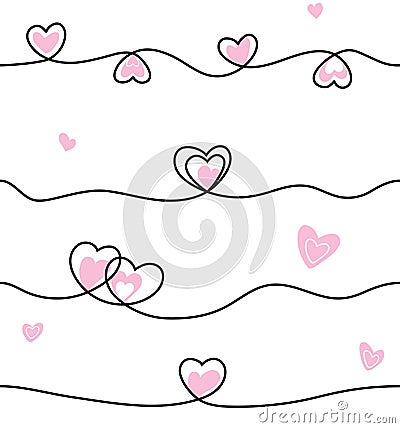 Seamless line heart pattern. Cute style background with pink hearts and black lines on white backdrop Vector Illustration