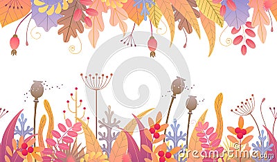 Floral Horizontal Seamless Border with Autumn Plants Vector Illustration