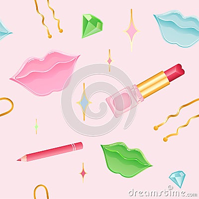 Seamless Lip Makeup Pattern pink background Cartoon Illustration