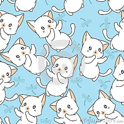 Seamless little cat and dragonfly pattern. Vector Illustration