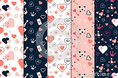 Seamless love pattern background collection on white and dark backgrounds. Simple love element pattern bundle for bed sheets, gift Vector Illustration