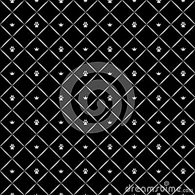 Seamless luxury dog paw pattern with crowns. Black and white print. Vector illustration. Cartoon Illustration