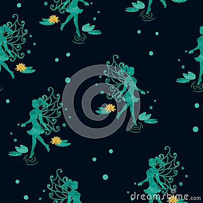 Seamless magical dark pattern with beautiful watercolor fairy. Vector Illustration