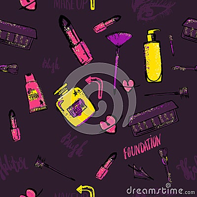 Seamless Makeup pattern. Glamorous makeup pattern with nail polish and lipstick Vector Illustration