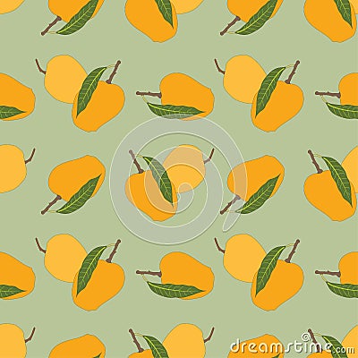 Seamless mango pattern with leaves on green background. Ripe mango vector illustration Vector Illustration