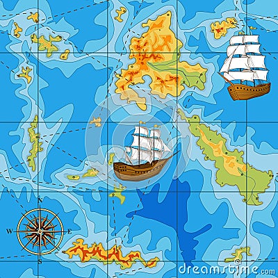 Seamless map with a compass and ships Vector Illustration