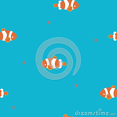 Seamless marine ocean, summer time holiday vacation season with clown fish, star fish, aquatic animal wildlife underwater deep sea Vector Illustration