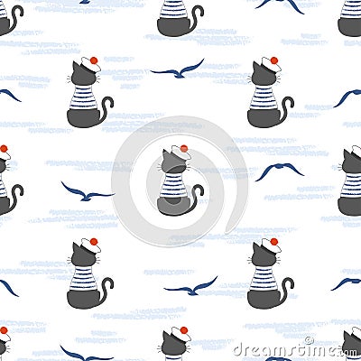 Seamless marine pattern with cartoon cat Sailor and seagulls Vector Illustration
