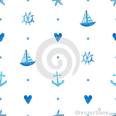 Seamless marine pattern with hand painted Vector Illustration