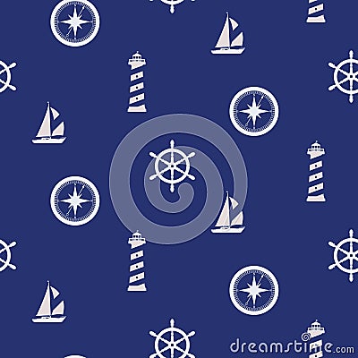 Seamless marine pattern. Lighthouse, sailboat, compass and steering wheel on a blue background. Color vector Vector Illustration