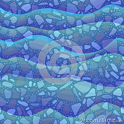 Seamless marine pattern. Rocky sea bottom under blue transparent waves. Ceramic tile, print for fabric, wallpaper Vector Illustration