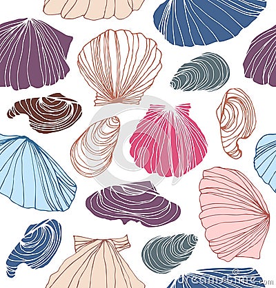 Seamless marine pattern with shells. Beautiful graphic background with seashells. Vector Illustration