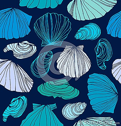 Seamless marine pattern with shells. Vector Illustration