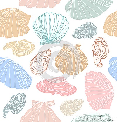 Seamless marine pattern with shells. Bright graphic background with seashells. Vector Illustration