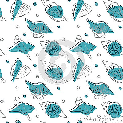 Seamless marine pattern on white background. Blue and gray shell silhouettes. Vector illustration for fabric, wallpaper Vector Illustration