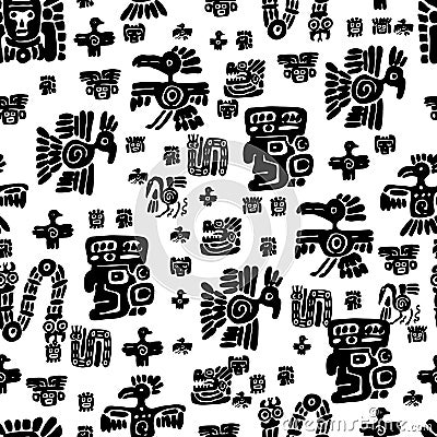 Seamless maya pattern. Black and white ethnic elements. Vector Illustration