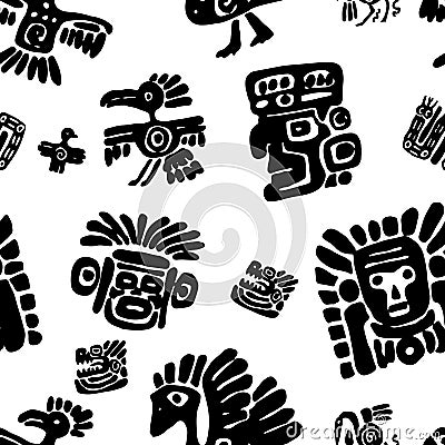 Seamless maya pattern. Black and white ethnic elements. Vector Illustration