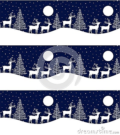 Seamless Merry Christmas pattern with deers, winter abstraction. Forest background. Endless horizontal banner with Reindeers in Cartoon Illustration