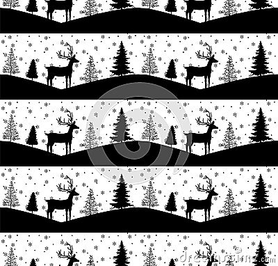 Seamless Merry Christmas pattern with deers, winter abstraction. Forest background. Endless horizontal banner with Reindeers in Cartoon Illustration