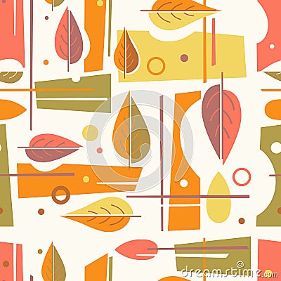 Seamless mid century modern autumn pattern with leaves and geometric shapes. Vector Illustration