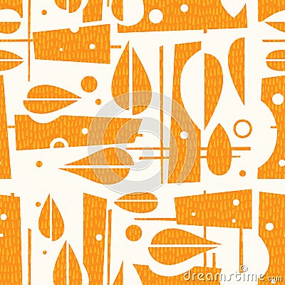 Seamless mid century modern autumn pattern with leaves and geometric shapes. Vector Illustration