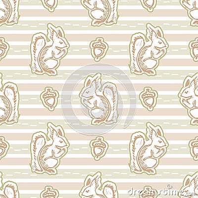 Seamless minimalist squirrel blockprint pattern background. Calm pale tonal pastel color wallpaper. Simple modern scandi Vector Illustration