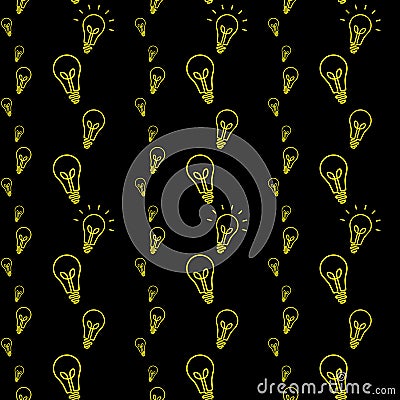 Seamless minimalistic retro light bulb yellow pattern on black background Stock Photo