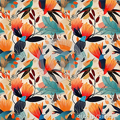 Seamless modern colorful tropical floral pattern, hummingbird, Cute botanical abstract contemporary, Hand drawn unique print, Stock Photo
