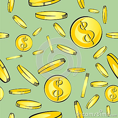 Seamless money pattern, gold coins with dollar sign fall, vector illustration Vector Illustration