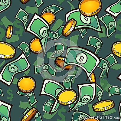 Seamless money pattern with golden coins and bills. Vector Illustration