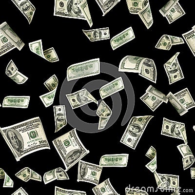 Seamless 100 Money stack. Hundred dollars of America. Falling money isolated, us bill black background Stock Photo