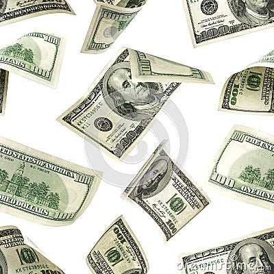 Seamless 100 Money stack. Hundred dollars of America. Falling money isolated, us bill white background. Stock Photo