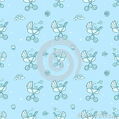 Seamless monochrome blue pattern with cute baby carriages. Vector Illustration