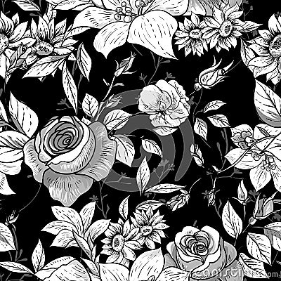 Seamless monochrome floral background with roses Vector Illustration