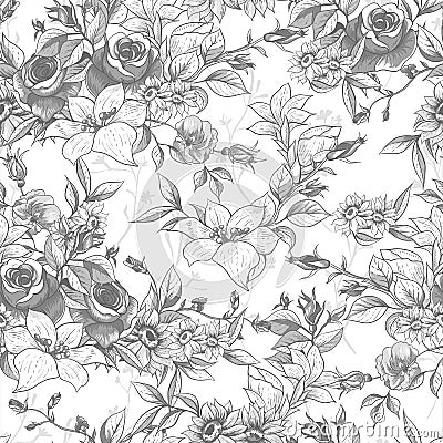 Seamless monochrome floral background with roses Vector Illustration