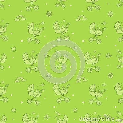 Seamless monochrome green pattern with cute baby carriages. Vector Illustration