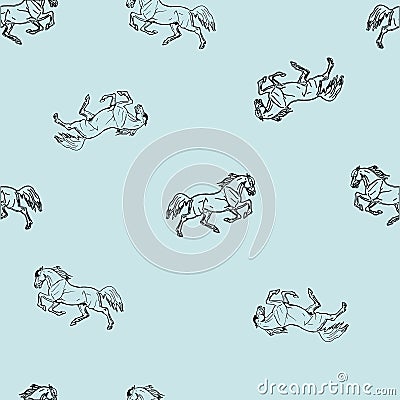 Seamless monochrome halophilic horse background, ink drawing, silhouettes Vector Illustration