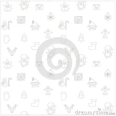 Seamless monochrome line style New Year, Christmas background with Santa Claus, deer, gift boxes, Christmas trees Vector Illustration