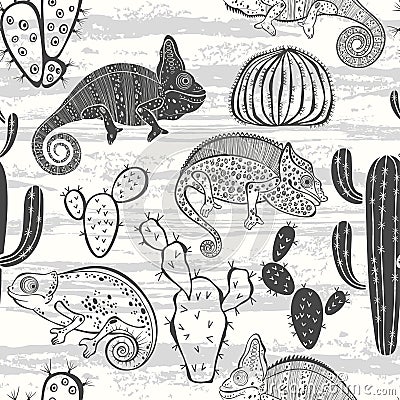 Seamless monochrome pattern with cactus and chameleons. Vector c Stock Photo