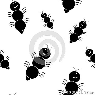 Seamless monochrome pattern, flat crawling smiling centipedes, silhouettes of caterpillars, insects, ants. Vector Illustration