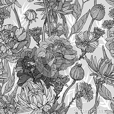 Seamless monochrome pattern with hand drawn flowers and brunchs Vector Illustration
