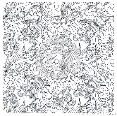 Seamless monochrome pattern stylized fishs, waves Vector Illustration