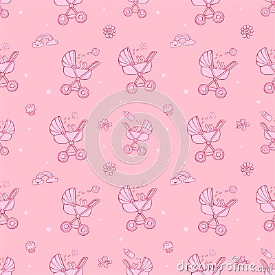 Seamless monochrome pink pattern with cute baby carriages. Vector Illustration